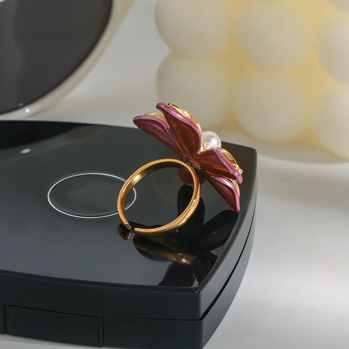 J&D 18K Gold Stainless Steel Adjustable Trendy Romantic Jewelry Pink Enamel Glass Pearl Flower Open Ring