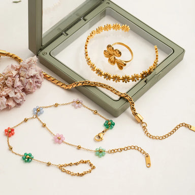J&D 18K Gold Plated Stainless Steel Bracelets Sweet Romantic Colorful Crystal Flower Hand Chain Finger Bracelet