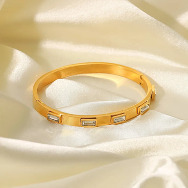 18k Gold Plated White Cubic Zirconia Bezel Setting Stainless Steel Band Bangles for Female