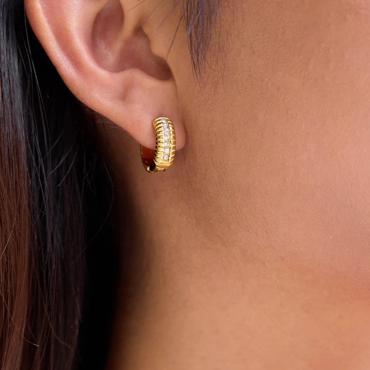 Pave Stone Navette Drop Hoop Earrings