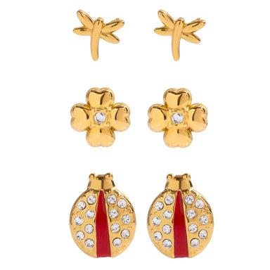 Four-Leaf Clover Red Drop Oil Ladybug Earring 3 pieces set