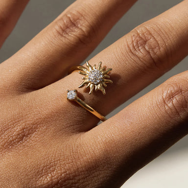 J&D Designer Classic Style 18K Gold Stainless Steel Rhinestone Zircon Sun Open Rings