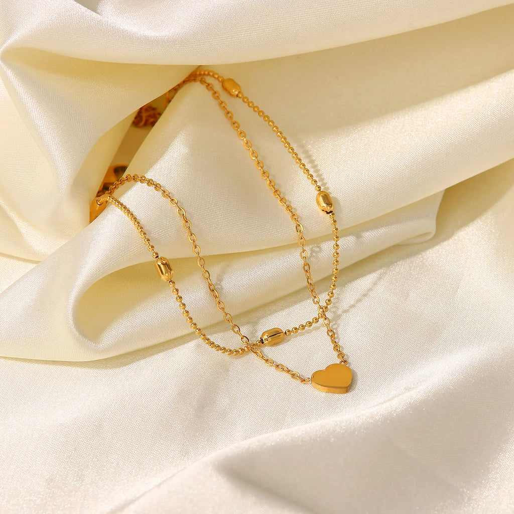 18K Gold Plated Stainless Steel Love Heart Pendant Oval Bead Chain Double Layer Daity Anklets