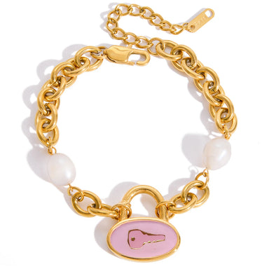 J&D Original Design 18K Gold Plated Stainless Steel Bracelet Classic Enamel Lock Key Pendant Bracelet