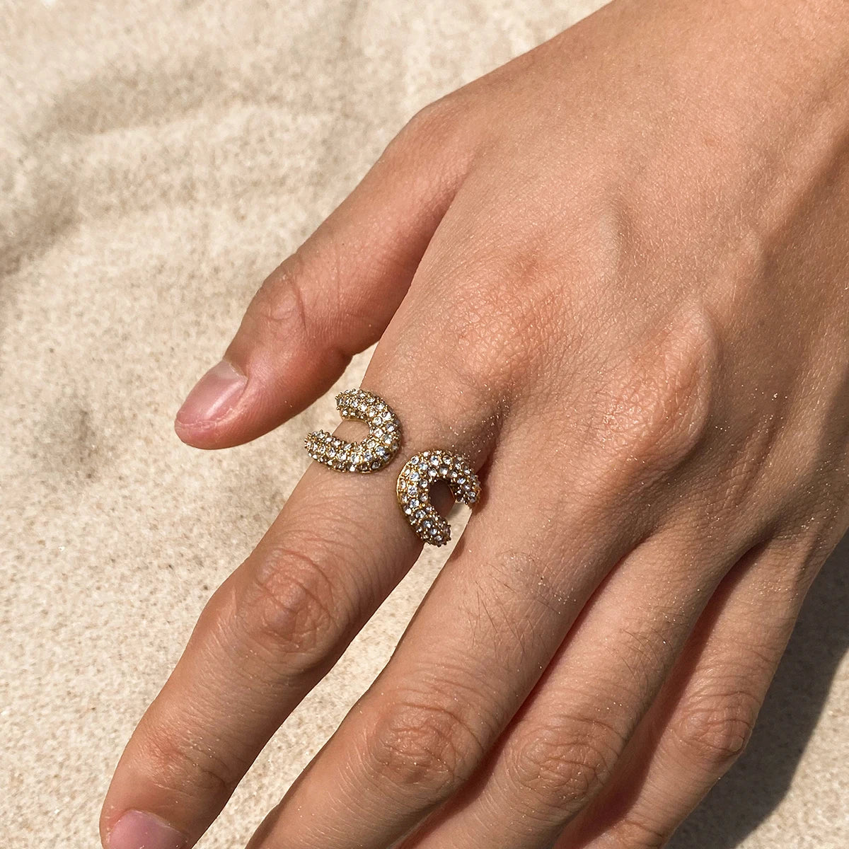 J&D Designer Inspired Women Open Paperclip Ring White Crystal Rhinestones Adjustable Ring 18K Gold Minimalist StackableJewelry