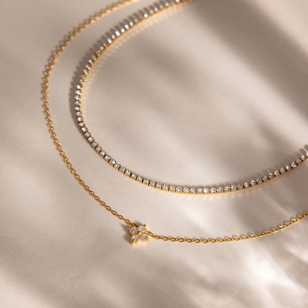 J&D Jewelry 18K Gold Plated Stainless Steel Layered Tennis Chain and Flower Zircon Pendant Necklace for Women