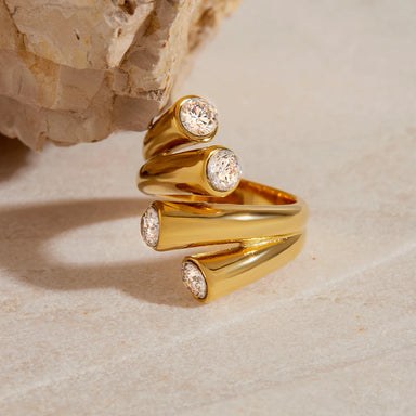 J&D 18K Stainless Steel Waterproof Tarnish Free Gold Plated Glass Zircon Double Line Open Ring