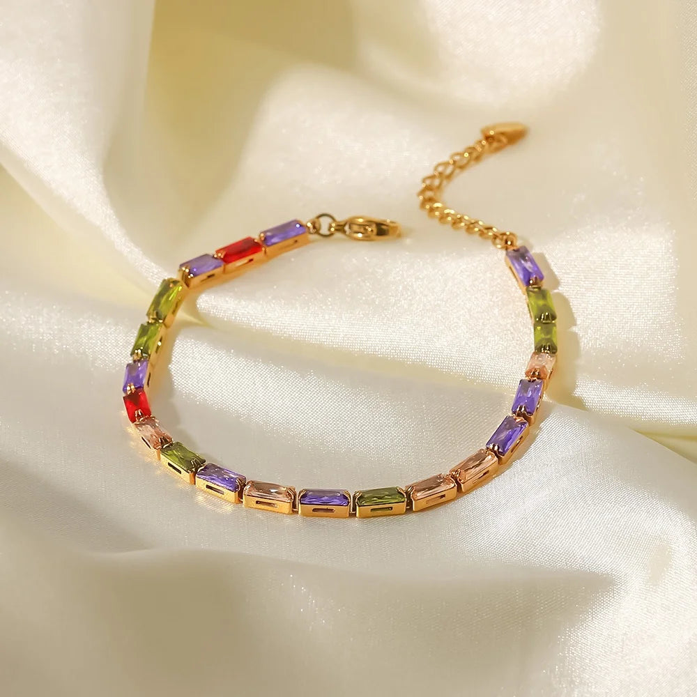18k Gold Plated Mixed Color  Cubic Zirconia Stainless Steel  Gemstone Bracelets Women Jewelry