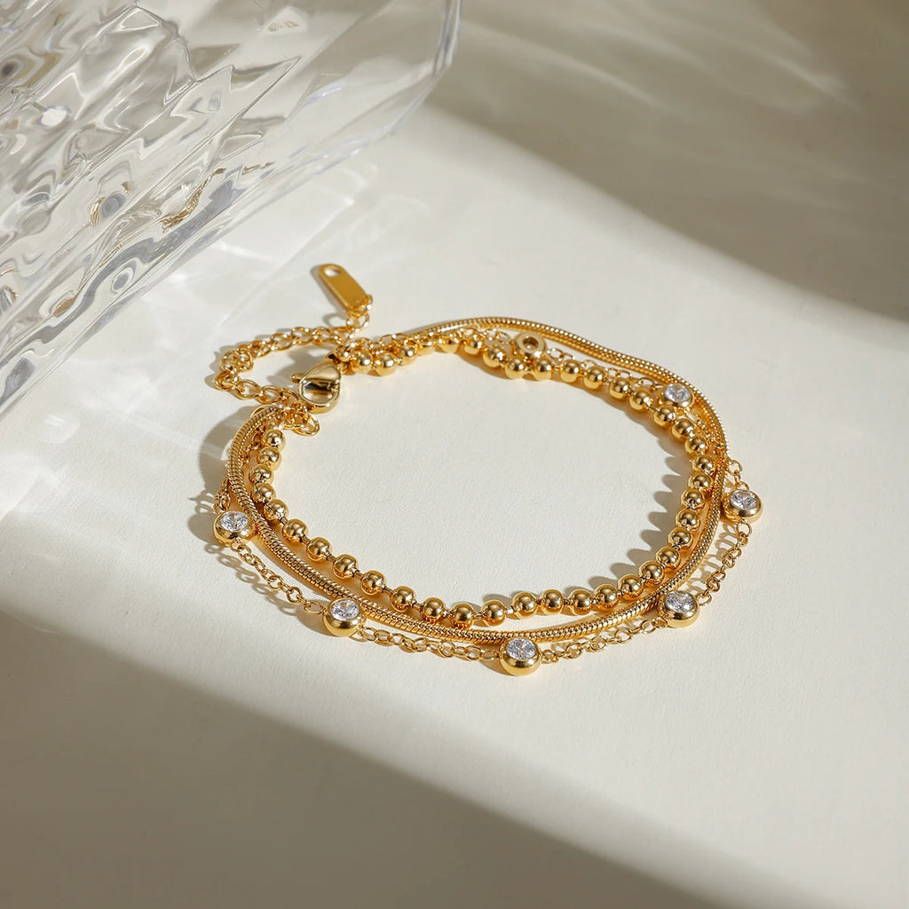 J&D 18K Gold Plated Stainless Steel Multi-layer Cubic Zirconia Bracelet, 18+5cm