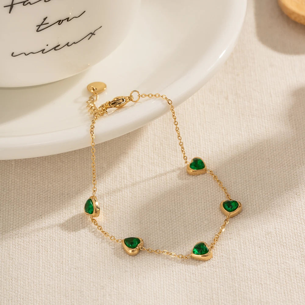 14K Gold Plated Stainless Steel Fine Chain Jewelry Gift Charm Mulit Green Heart Cubic Zirconia Bracelet