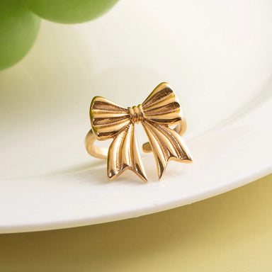 J&D Jewelry Ring 18K Gold Plated Stainless Steel Waterproof Bow Knot Opening Ring for Woman