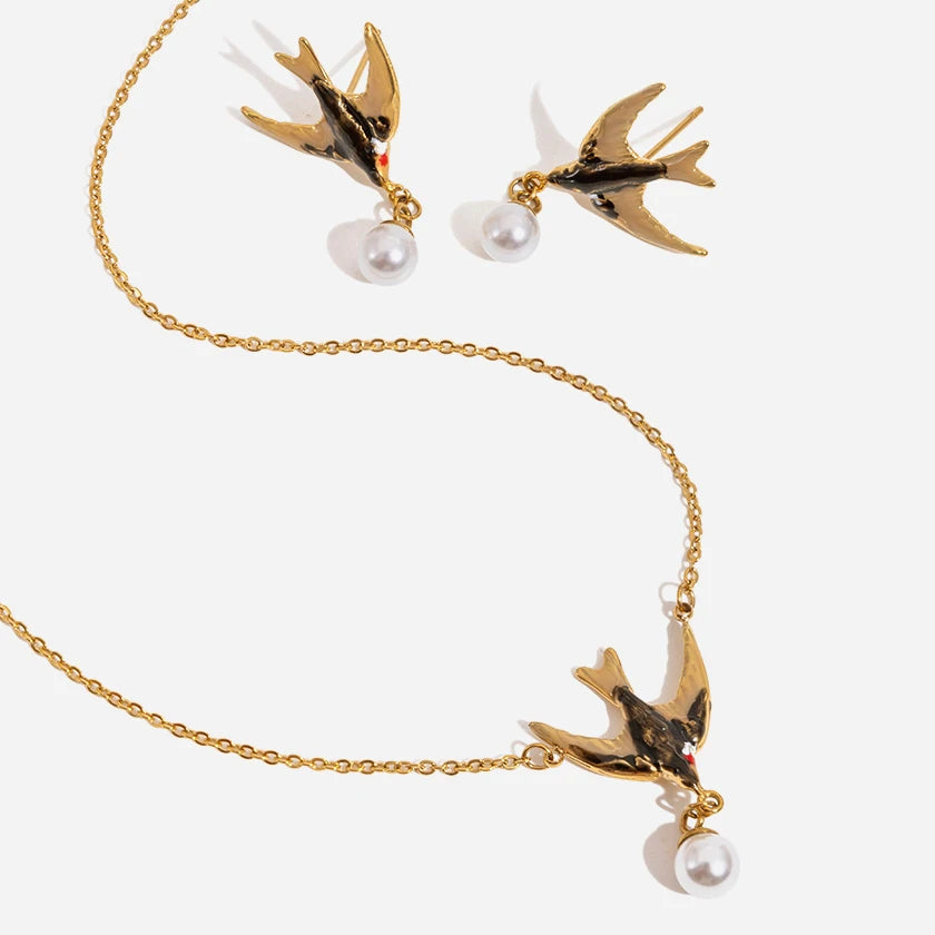 J&D Jewelry Sweet Enamel Swallow Bird Dangle Earrings Gold Plated Stainless Steel Acrylic Pearl Drop Jewelry for Women