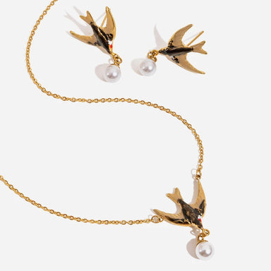 J&D Jewelry Sweet Enamel Swallow Bird Dangle Earrings Gold Plated Stainless Steel Acrylic Pearl Drop Jewelry for Women