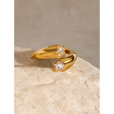 J&D Women Elegant Jewelry 18K Gold Plated Stainless Steel Asymmetrical Open Five-point Star Zircon Ring