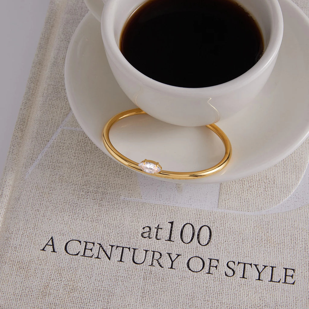 J&D 18K PVD Gold Plate Stainless Steel Bracelet Trendy Classic Horse Eye White Zircon Open Cuff Bangle