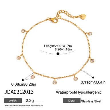 J&D Women's 18K Gold Plated Stainless Steel Anklet Round CZ Stone Waterproof Spring Summer Jewelry Gift