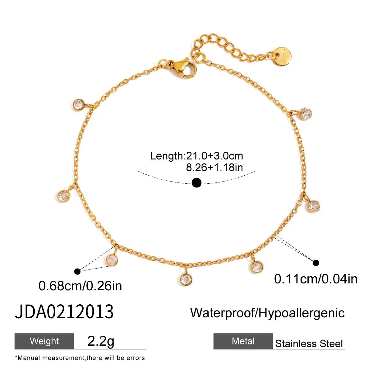 J&D Women's 18K Gold Plated Stainless Steel Anklet Round CZ Stone Waterproof Spring Summer Jewelry Gift