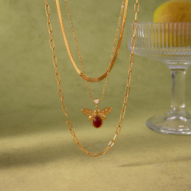 Red Agate Bee White Zircon Three-Layer Necklace