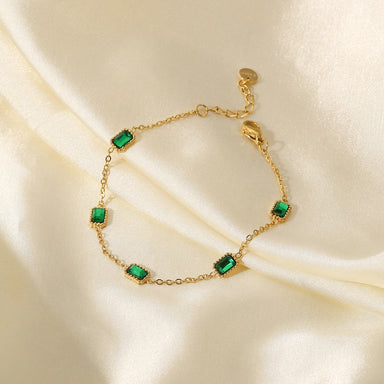 14K Gold Plated Stainless Steel Fine Chain Cubic Zirconia Jewelry Mulit Green Rectangle Bracelet