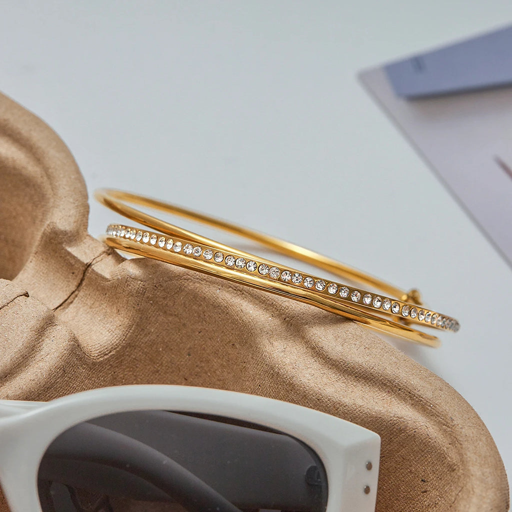 J&D Minimalist Multi Layers Bangle 18K Gold Plated Stainless Steel Trendy Classic Line 3 Layers 65mm Rhinestone Bangle
