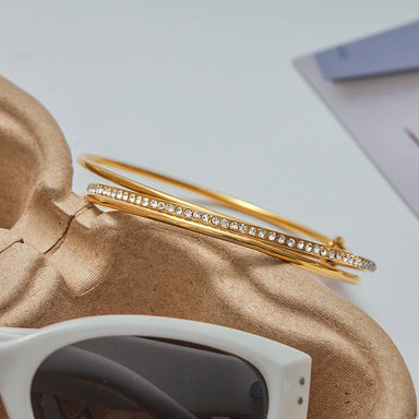 J&D Minimalist Multi Layers Bangle 18K Gold Plated Stainless Steel Trendy Classic Line 3 Layers 65mm Rhinestone Bangle