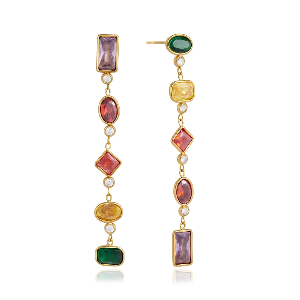 J&D Jewelry Asymmetric AB Colorful Geometric Zirconia Tassel Earrings Gold Plated Stainless Steel Waterproof Jewelry for Women