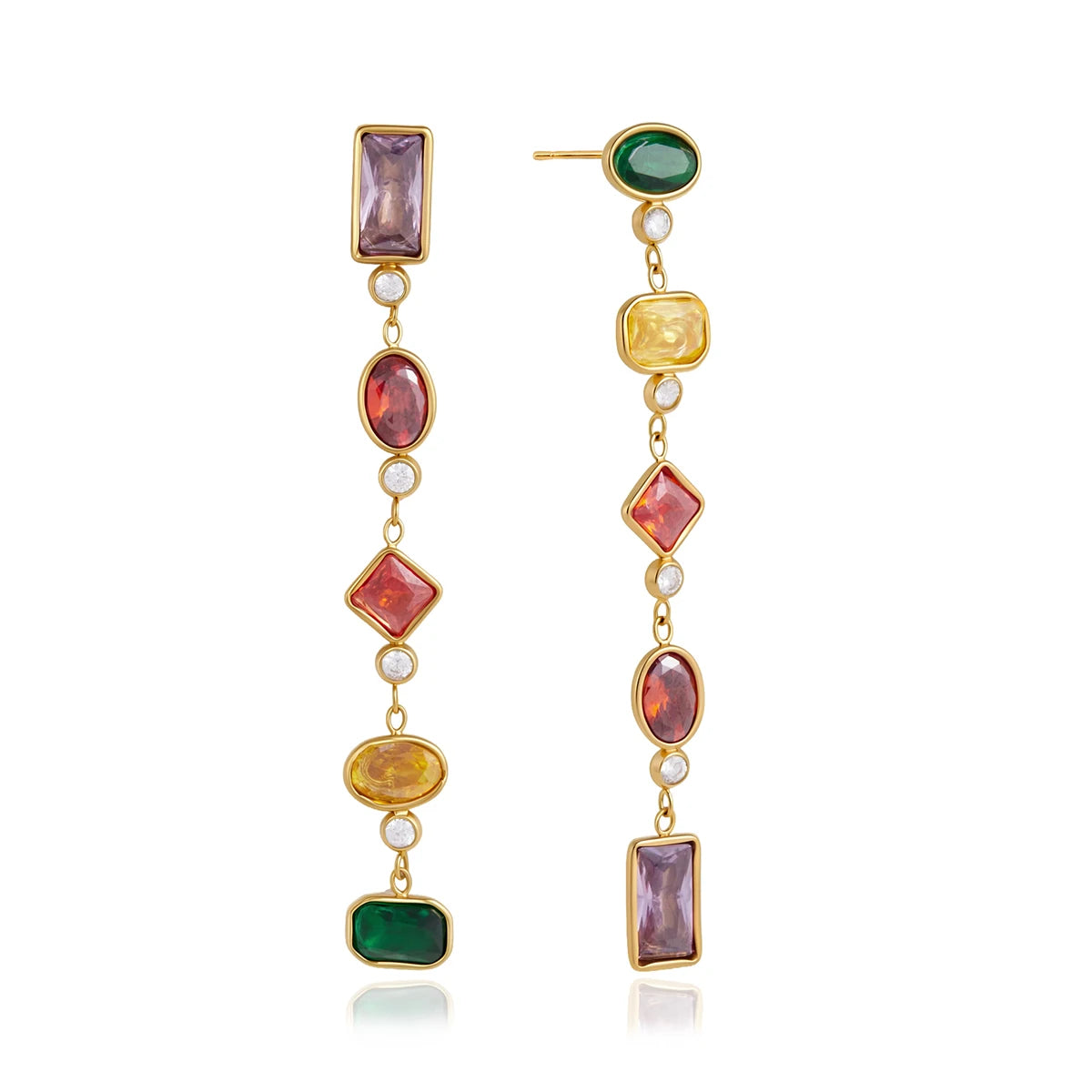 J&D Jewelry Asymmetric AB Colorful Geometric Zirconia Tassel Earrings Gold Plated Stainless Steel Waterproof Jewelry for Women