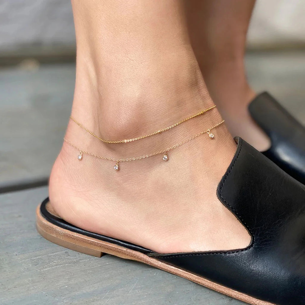 J&D Women's 18K Gold Plated Stainless Steel Anklet Round CZ Stone Waterproof Spring Summer Jewelry Gift
