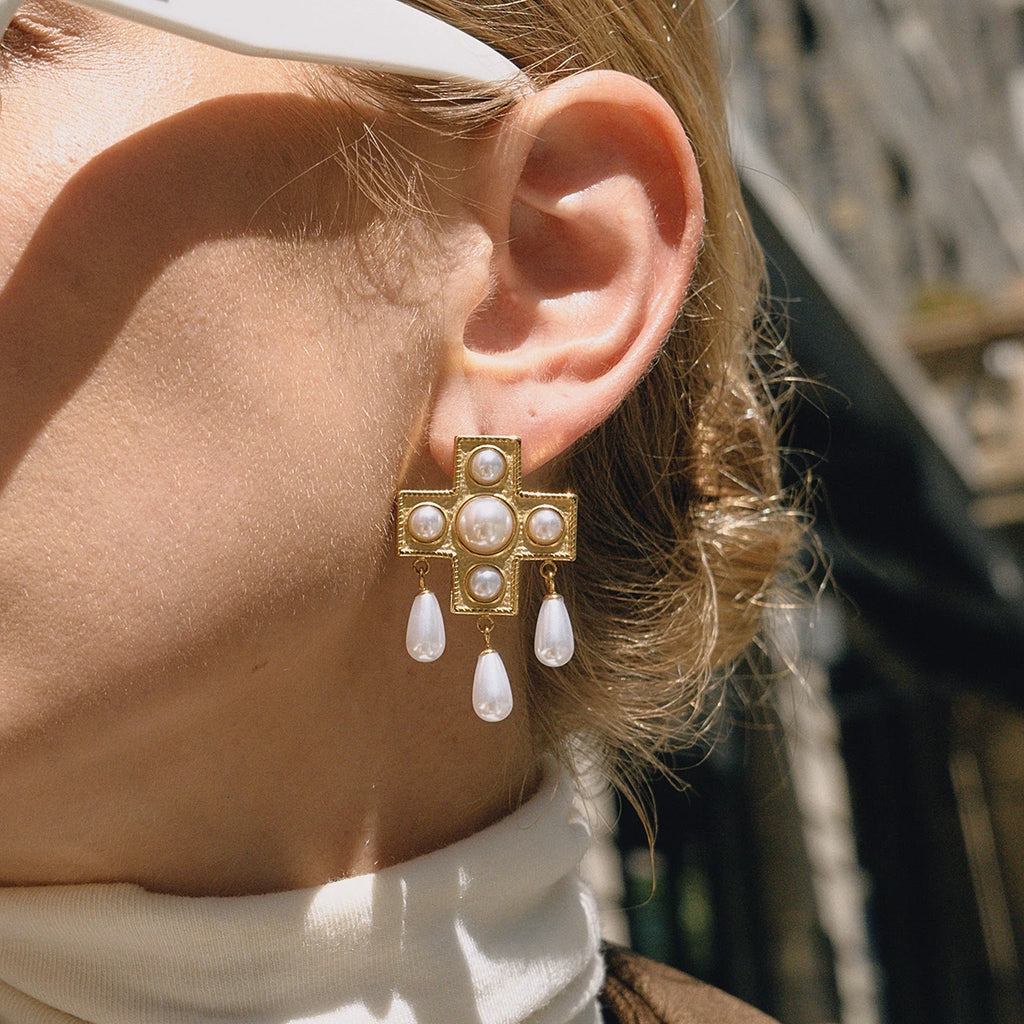 Cross Shaped Glass Pearl Drop Earring