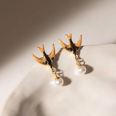 J&D Jewelry Sweet Enamel Swallow Bird Dangle Earrings Gold Plated Stainless Steel Acrylic Pearl Drop Jewelry for Women