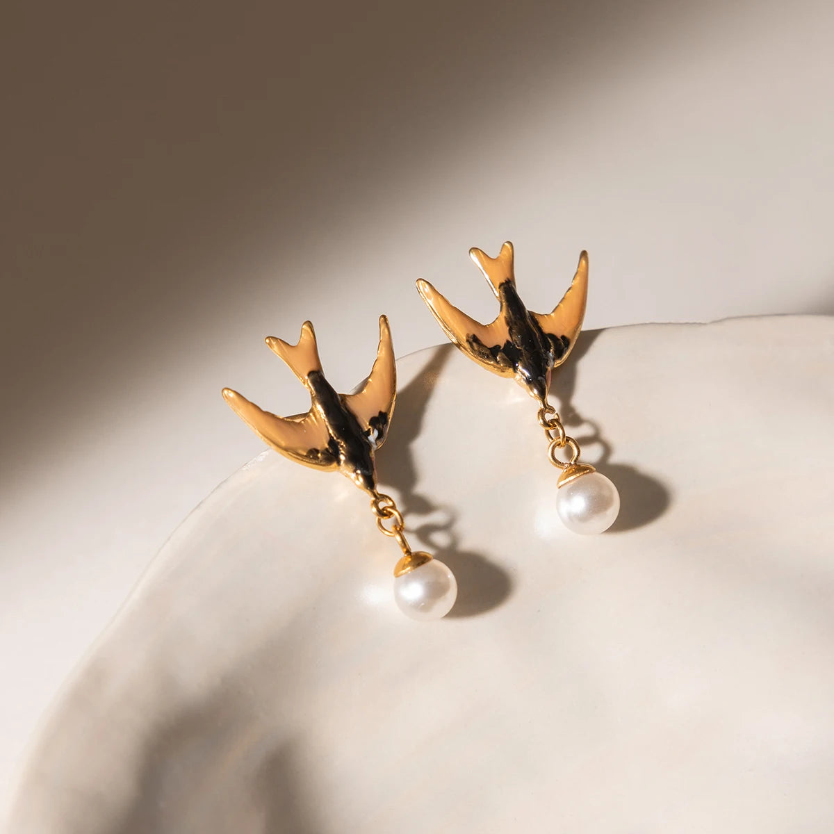 J&D Jewelry Sweet Enamel Swallow Bird Dangle Earrings Gold Plated Stainless Steel Acrylic Pearl Drop Jewelry for Women