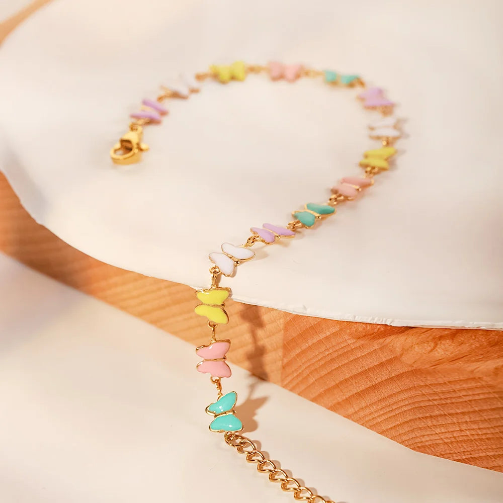 Charm 18k Gold Stainless Steel Dripping Oil Jewelry Gift Colorful Enamel Butterfly Chain Bracelet