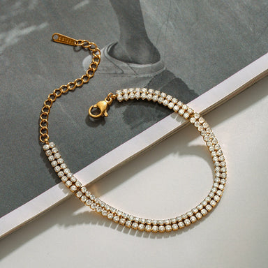 J&D Trendy Double Row Stainless Steel Bracelet Geometric Design with Zircon Encrusted Stone Fashion Chain & Link Jewelry