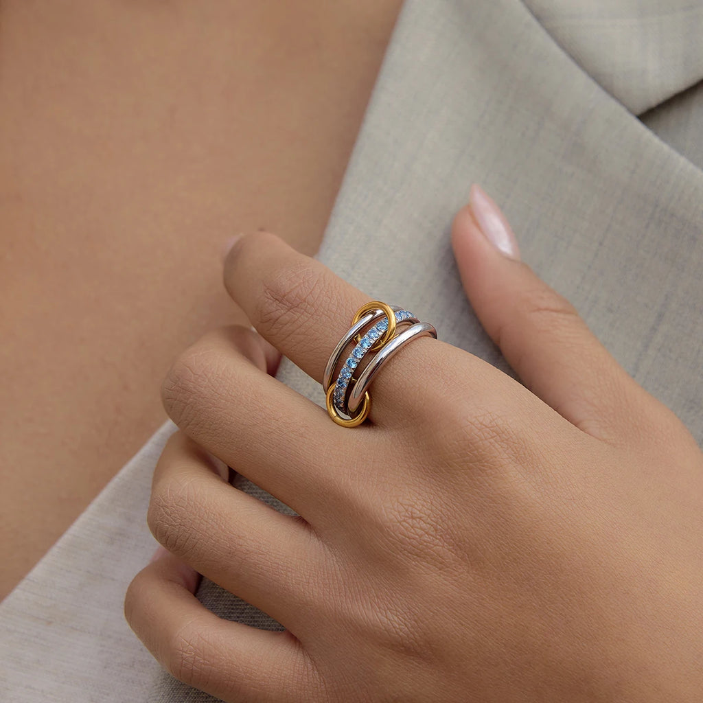 J&D Jewelry Two Tone Stainless Steel Three Layer Ring with Blue Cubic Zirconia Stackable Band Ring for Women