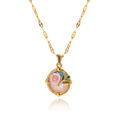 Enamel Shell Rose Pendant Necklace