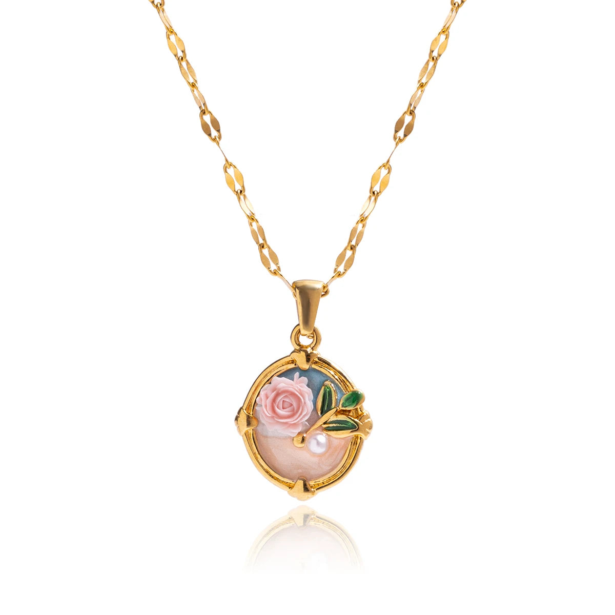 Enamel Shell Rose Pendant Necklace