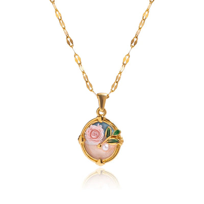 Enamel Shell Rose Pendant Necklace