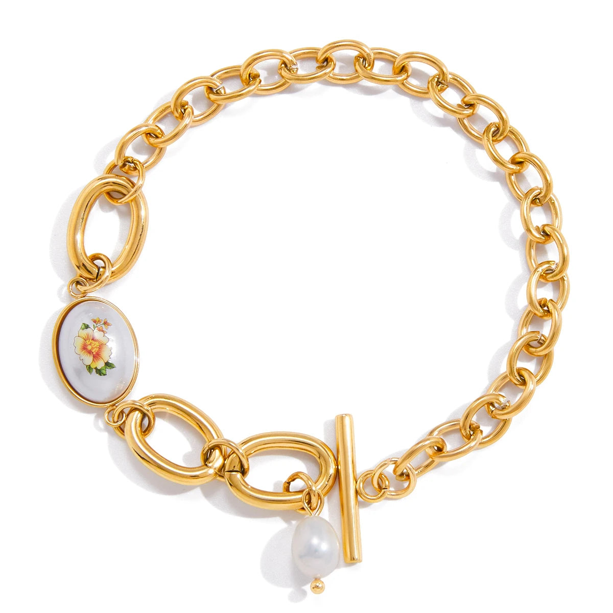 J&D Classic 18K Gold Plated Stainless Steel Chain Bracelet Freshwater Pearl Pendant Acrylic Printing Toggle