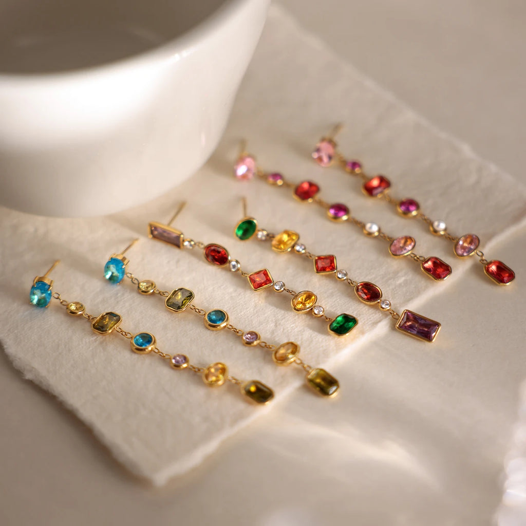 J&D Jewelry Asymmetric AB Colorful Geometric Zirconia Tassel Earrings Gold Plated Stainless Steel Waterproof Jewelry for Women