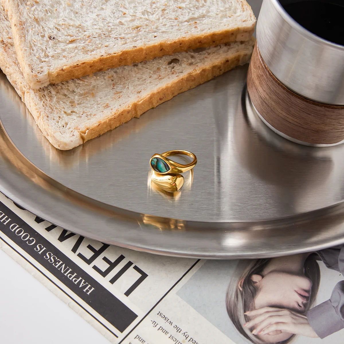 J&D 18K Gold Plated Stainless Steel Water Droplet Asymmetrical Opening Ring Personality Jewelry
