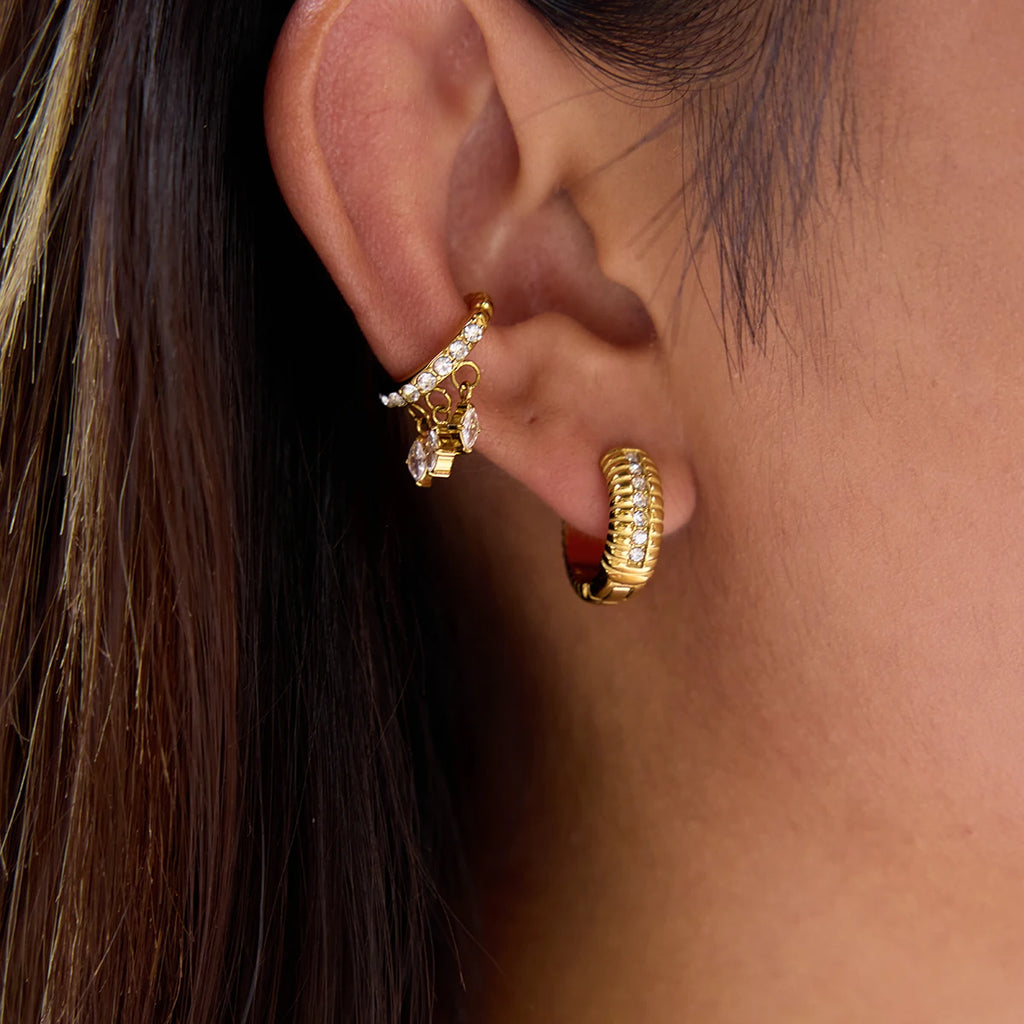 Pave Stone Navette Drop Hoop Earrings