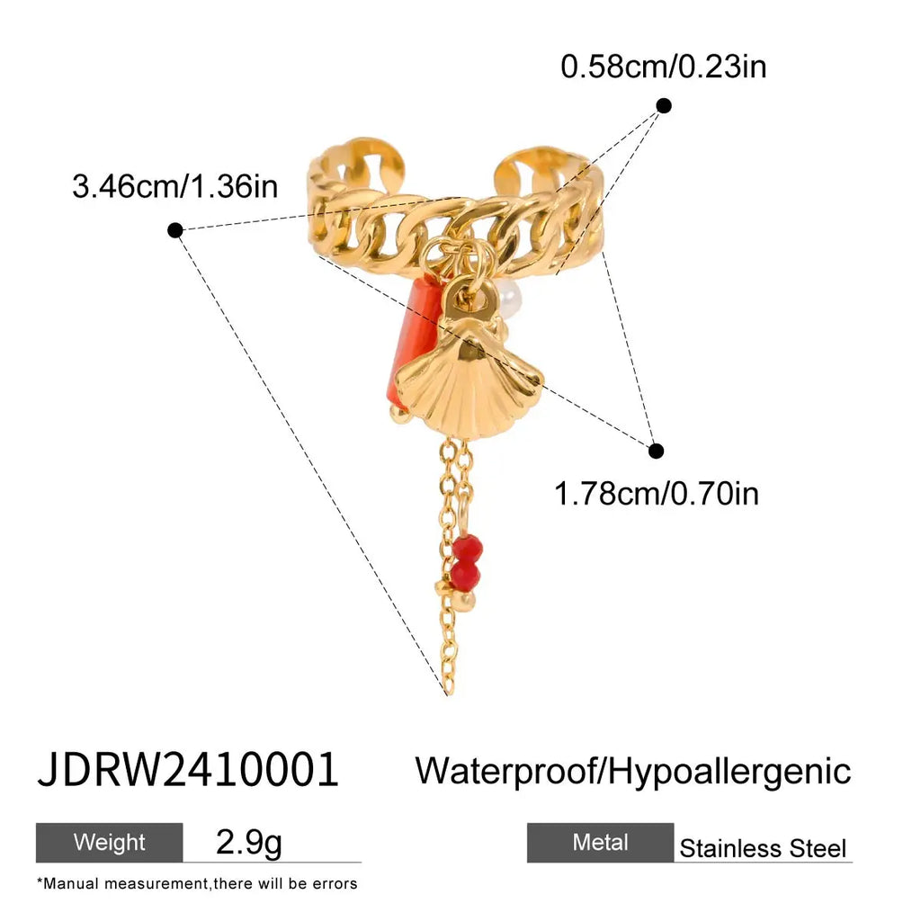 J&D Ocean Dainty 18K Gold Plated Stainless Steel Open Rings Coral Red Crystal Shell Chain Ring Fashion Jewelry