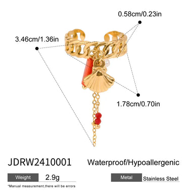 J&D Ocean Dainty 18K Gold Plated Stainless Steel Open Rings Coral Red Crystal Shell Chain Ring Fashion Jewelry