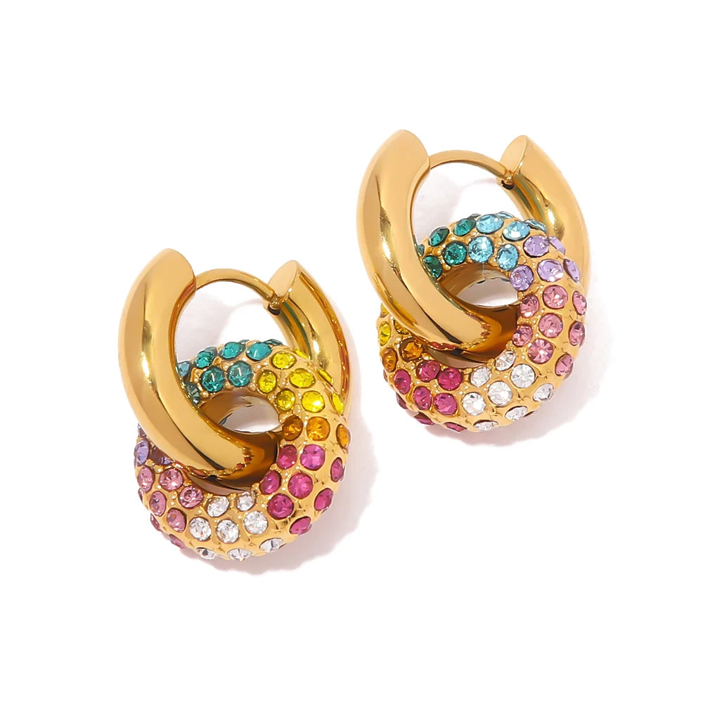 J&D Waterproof 18k Gold Plated Stainless Steel Jewelry Gift Colorful Cubic Zirconia Hoop Earrings for Women