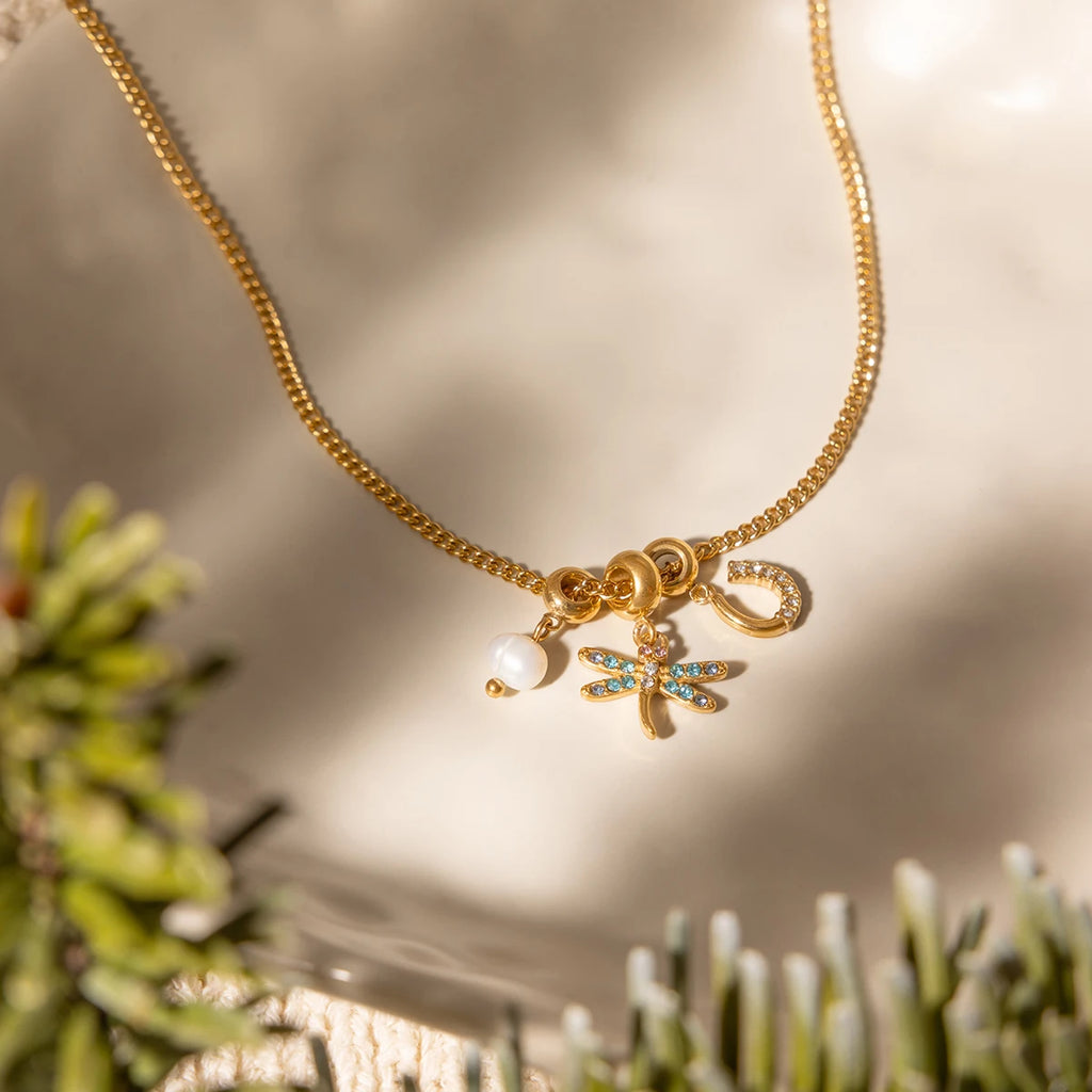 J&D Jewelry 18K Gold Plated Stainless Steel Freshwater Pearl and Zircon Dragonfly Horseshoe Charm Necklace for Women