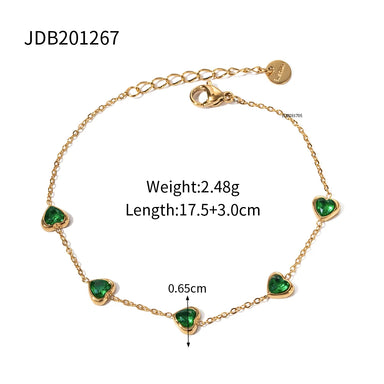 14K Gold Plated Stainless Steel Fine Chain Jewelry Gift Charm Mulit Green Heart Cubic Zirconia Bracelet