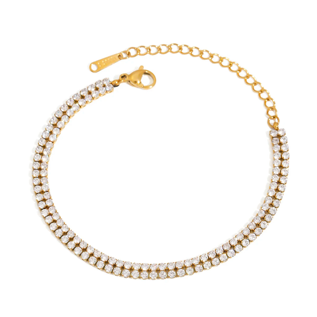 J&D Trendy Double Row Stainless Steel Bracelet Geometric Design with Zircon Encrusted Stone Fashion Chain & Link Jewelry