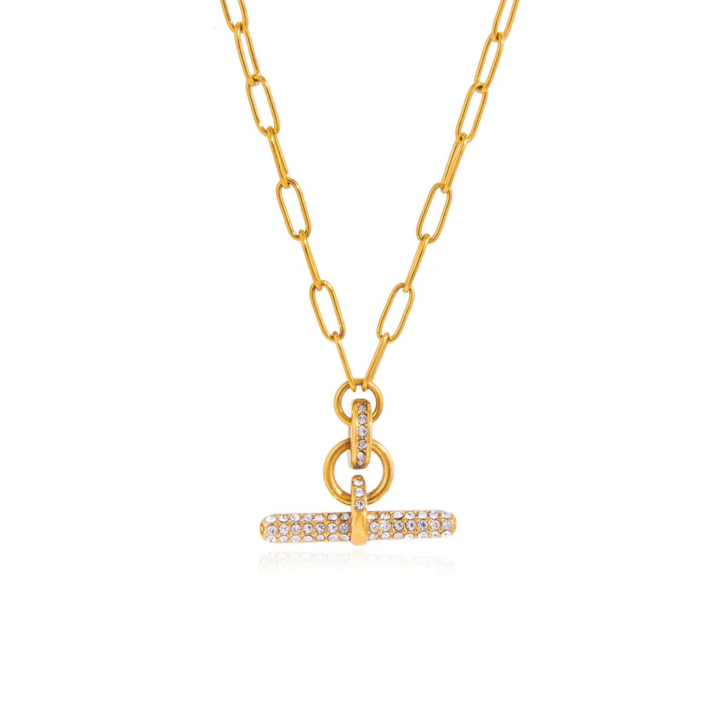 J&D Jewelry 18K Gold Plated Stainless Steel Paperclip Link Chain Necklace with Pave White Rhinestone T Bar Pendant for Women