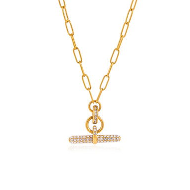 J&D Jewelry 18K Gold Plated Stainless Steel Paperclip Link Chain Necklace with Pave White Rhinestone T Bar Pendant for Women