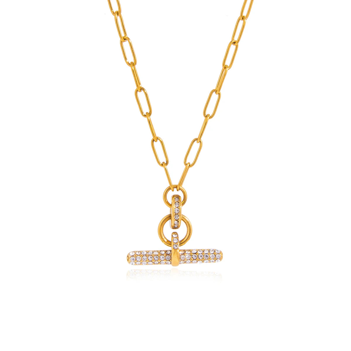 J&D Jewelry 18K Gold Plated Stainless Steel Paperclip Link Chain Necklace with Pave White Rhinestone T Bar Pendant for Women